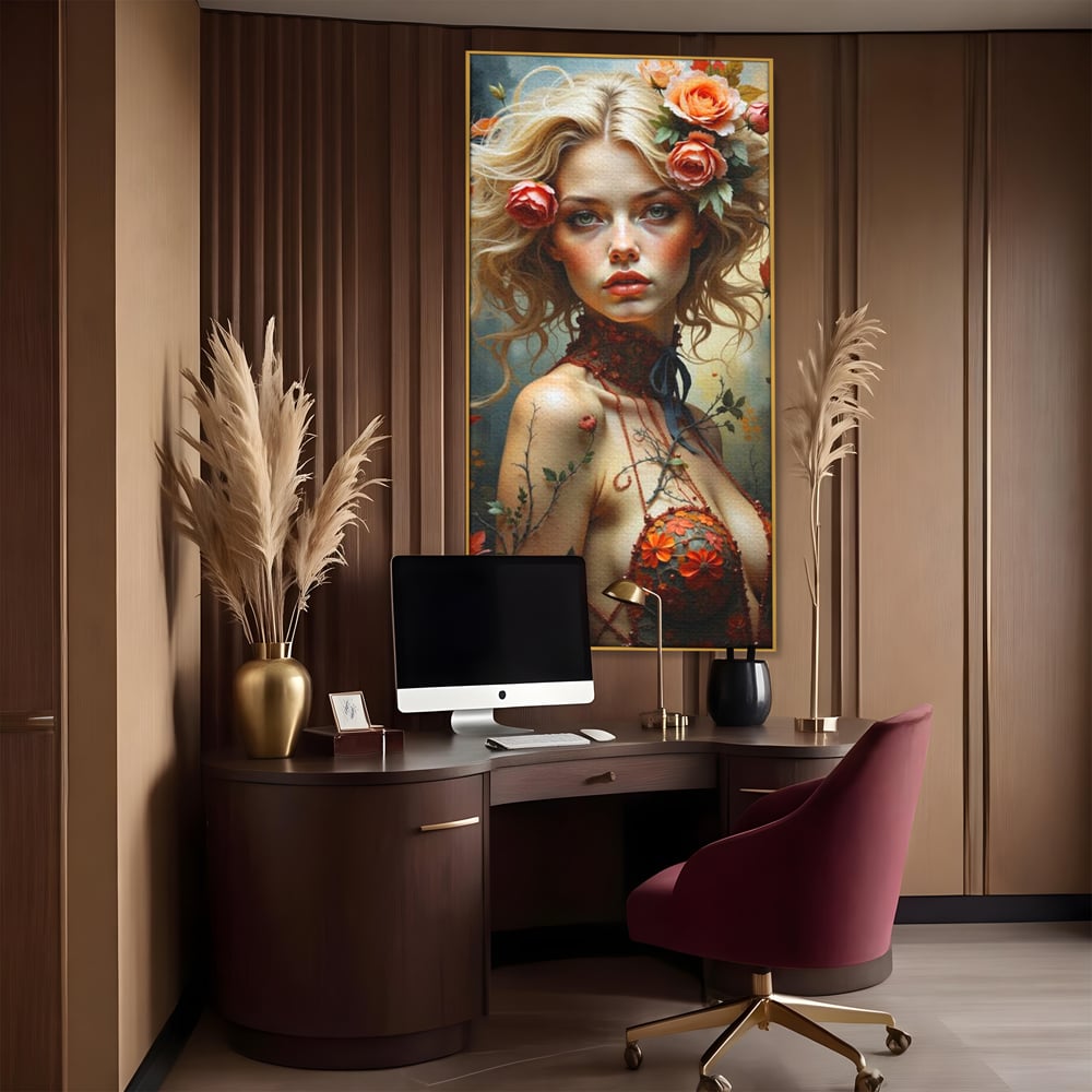 Tablou canvas cu tablou canvas cu portret de femeie blonda si flori, in rama de aluminiu auriu, pe perete intr-un birou